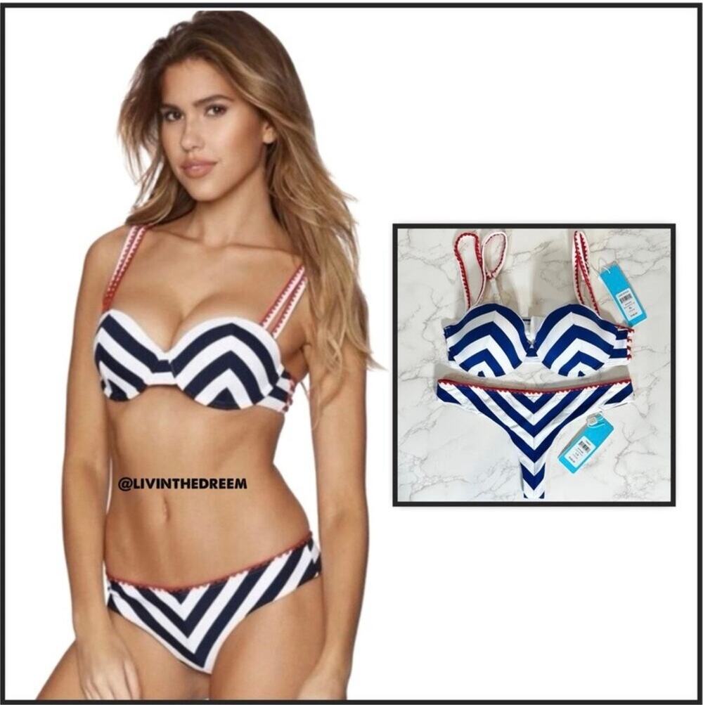 Beach Bunny Love Stitch Red / White / Blue Balconette  XL Top L  Bottoms $265